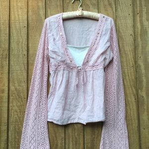 Soft pink crochet bohemian bell sleeve blouse